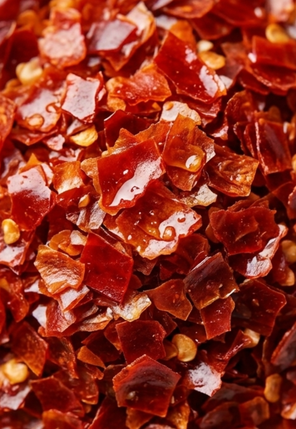 Coarsely crushed chilli flakes with visible skin and seed pieces