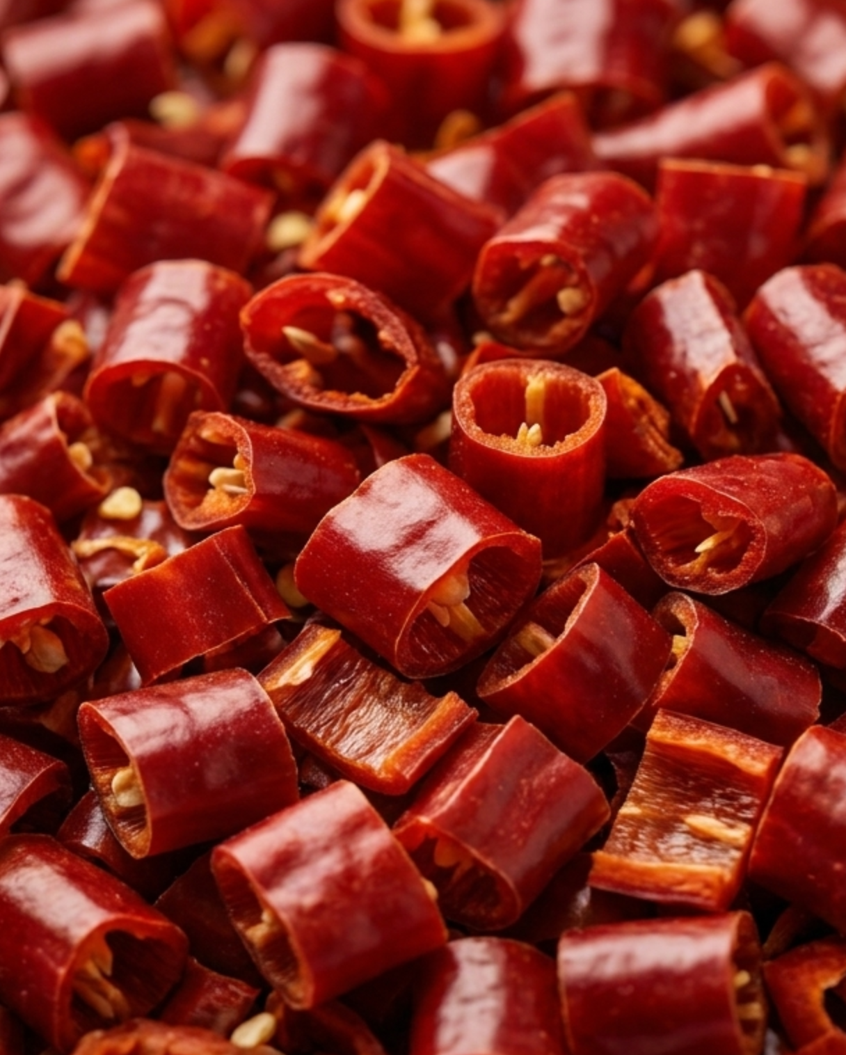 Cross-cut dried chilli rings showing seeds inside