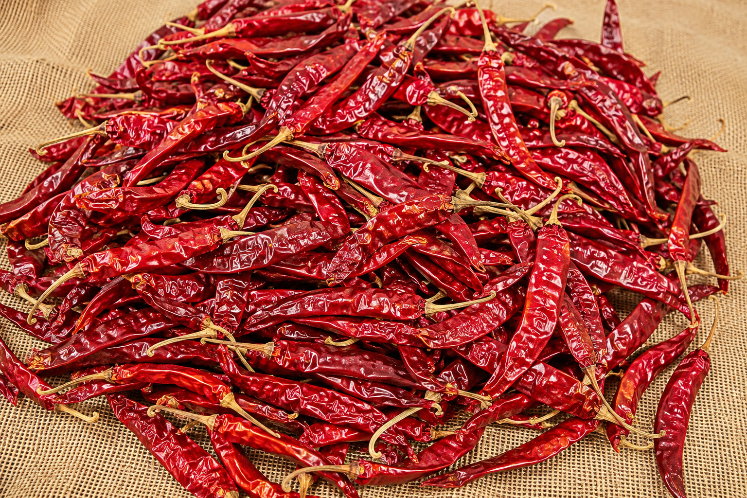 Whole dried Guntur Mirchi chillies piled on burlap